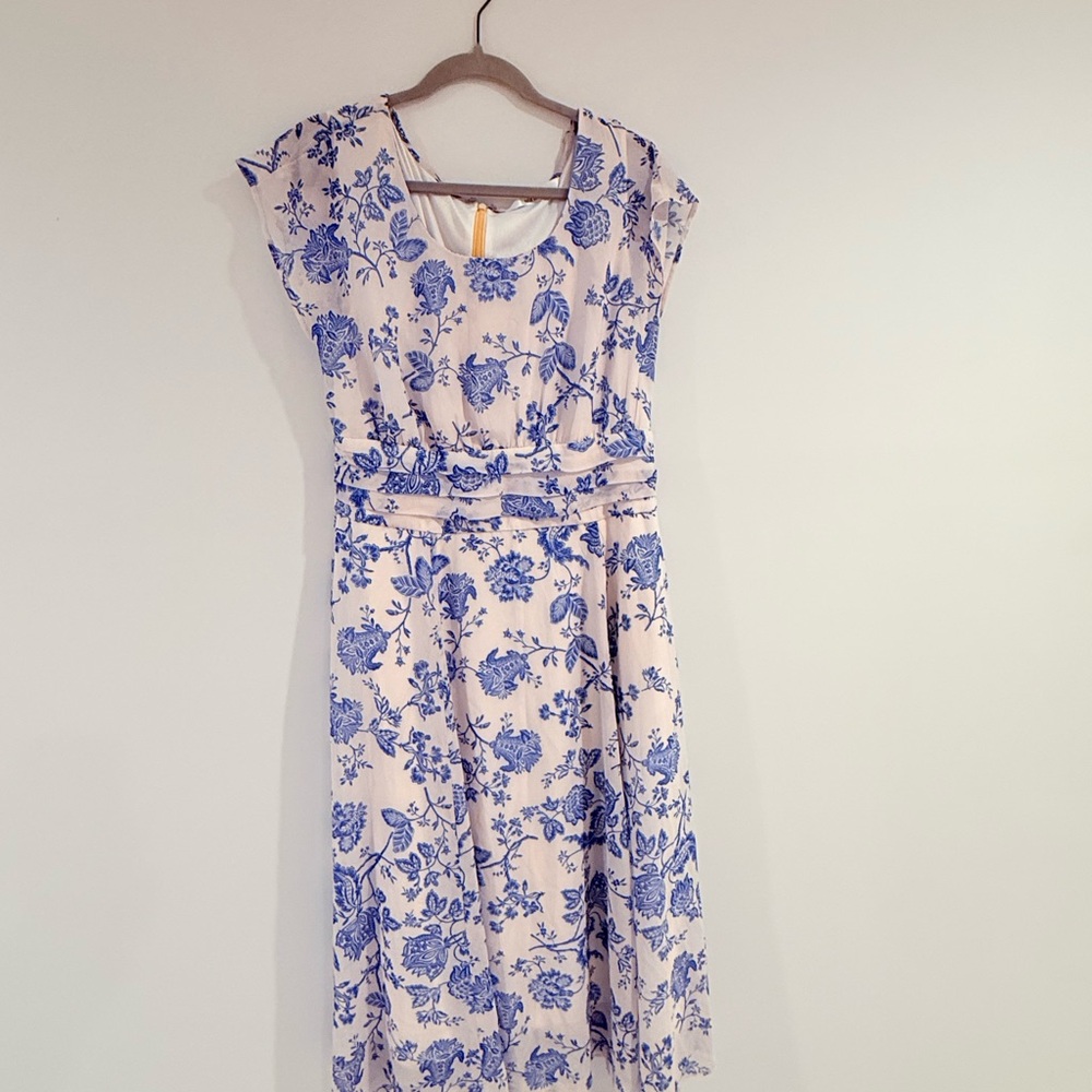 eShakti Blue and White Floral Midi Dress